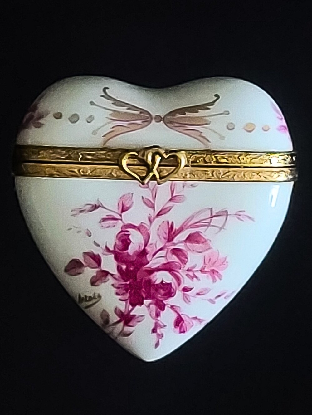 Vtg Ancienne Manufacture Royale d'Artois Limoges Heart Trinket Box Pink Roses